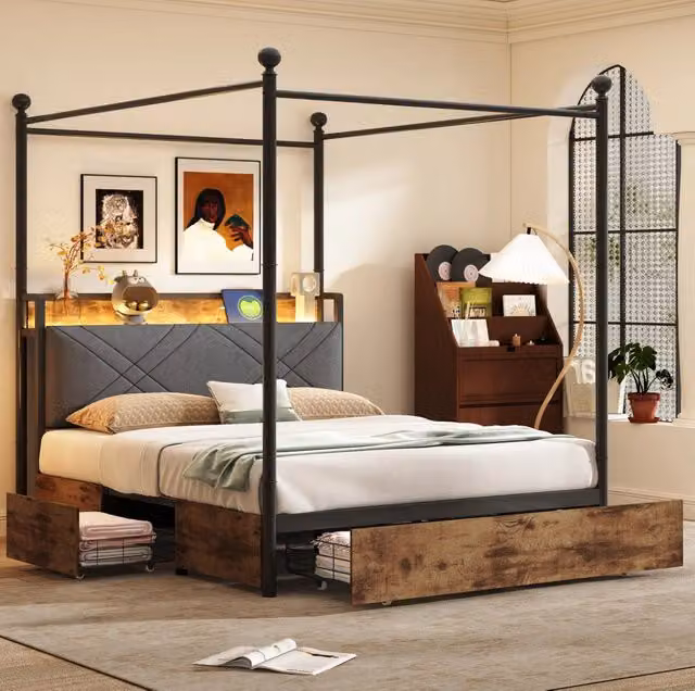 Letto a baldacchino multifunzione 140x190 cm con LED; USB/Type-C; cassetti; nero