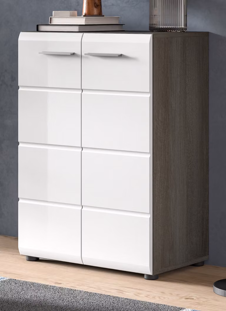 Cassettiera "Rumba" in bianco lucido e grigio argento fumé Credenza 60 x 85 cm