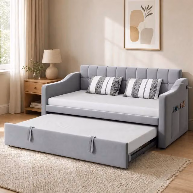 Divano letto 90x190 cm grigio chiaro, rivestimento in velluto con letto estraibile