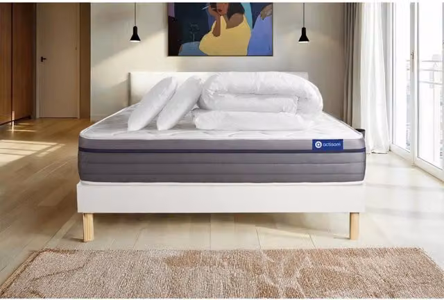 Pacchetto letto completo - Materasso 200x200cm + Box spring con doghe (kit) + 2 cuscini + Piumino - ActiMemo Zen