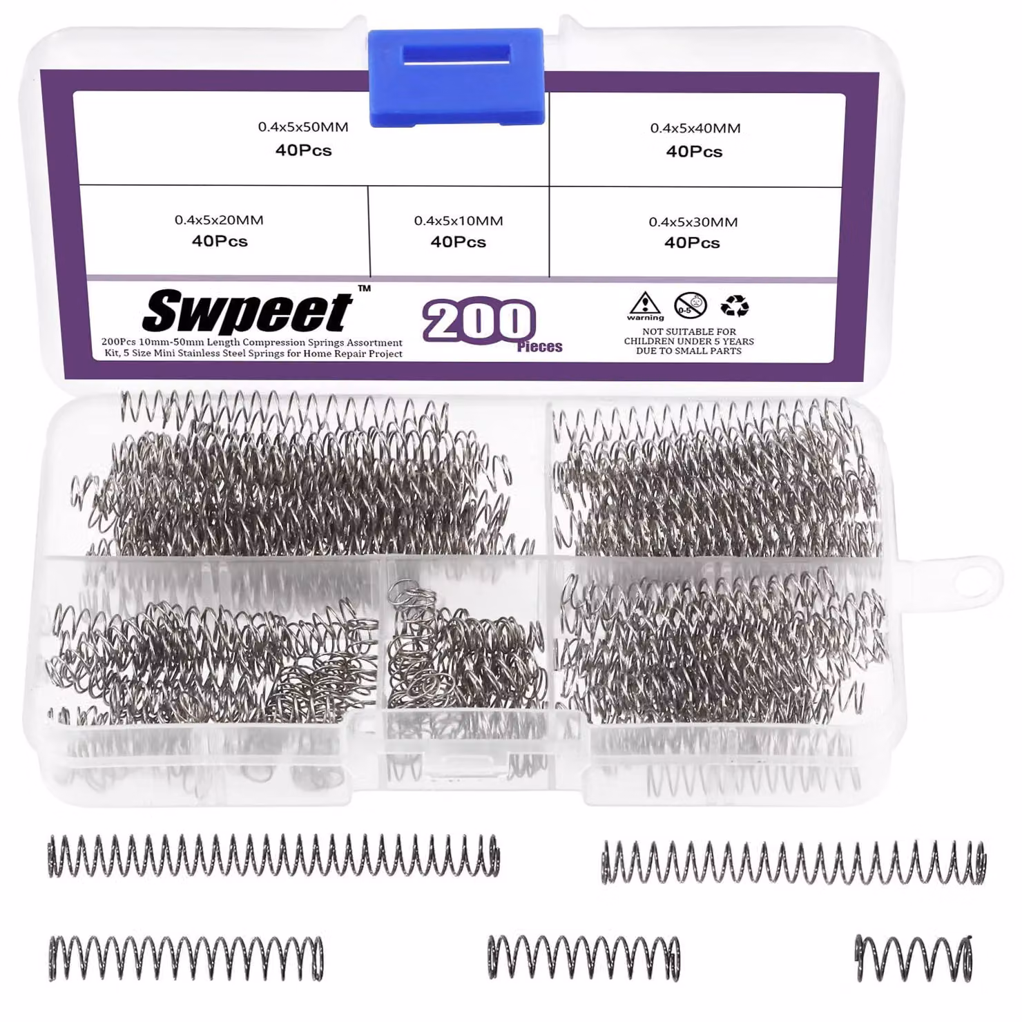 Set di molle a spirale conici, 200 pezzi, 5 dimensioni, acciaio inossidabile