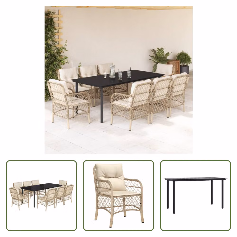 The Living Store Set da pranzo da giardino 9 pezzi con cuscini Beige poly rattan