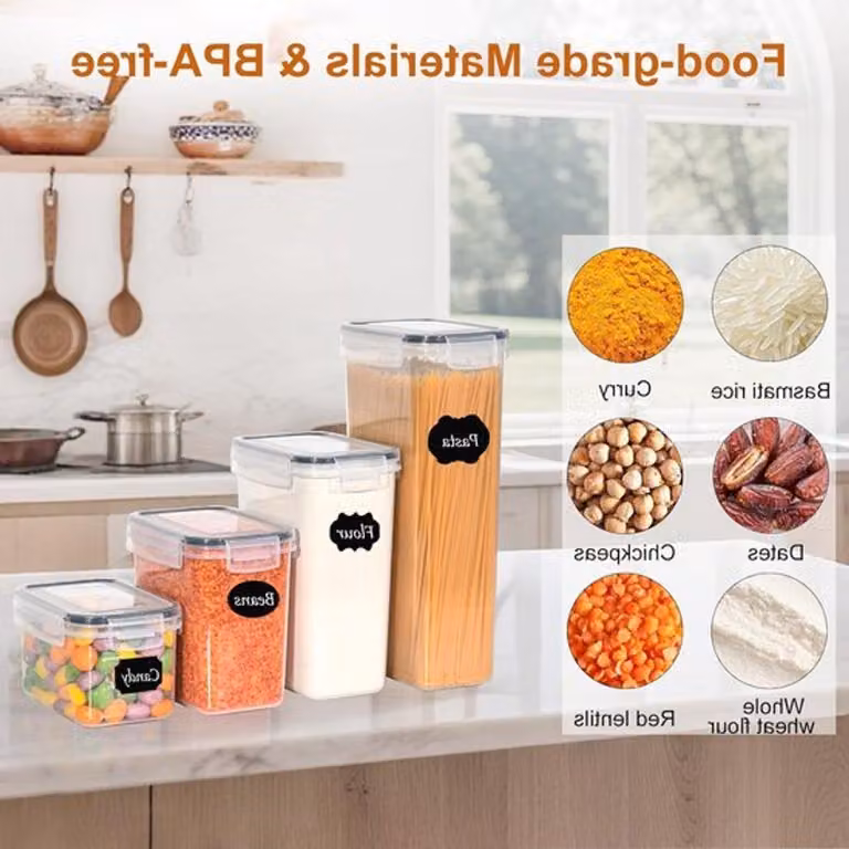Set di 28 contenitori ermetici, organizer da cucina in plastica con coperchio, ideali per conservare cereali, caffè e cornflakes. Disponibili nelle seguenti capacità: 2 litri, 1,4 litri, 0,8 litri, 0,32 litri