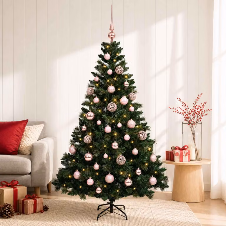 Albero di Natale artificiale con decorazioni a sfera, altezza 120 cm, 150 luci LED