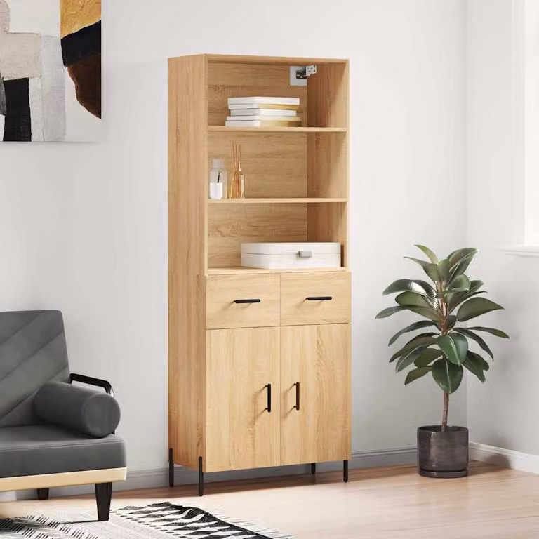 Credenza moderna vidaXL in legno e metallo color rovere, L: 69,5 cm, P: 34 cm, H: 180 cm