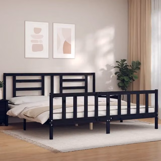 Giroletto con Testiera-Struttura Letto con testiera Nero 200x200 cm in Legno Massello 457410