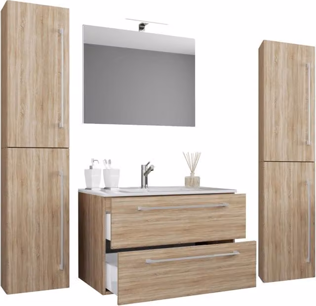 Set bagno completo 5 pezzi EZOOZA in Rovere Sonoma con mobile sospeso a 2 cassetti, lavabo grande in ceramica, 2 colonne e specchio