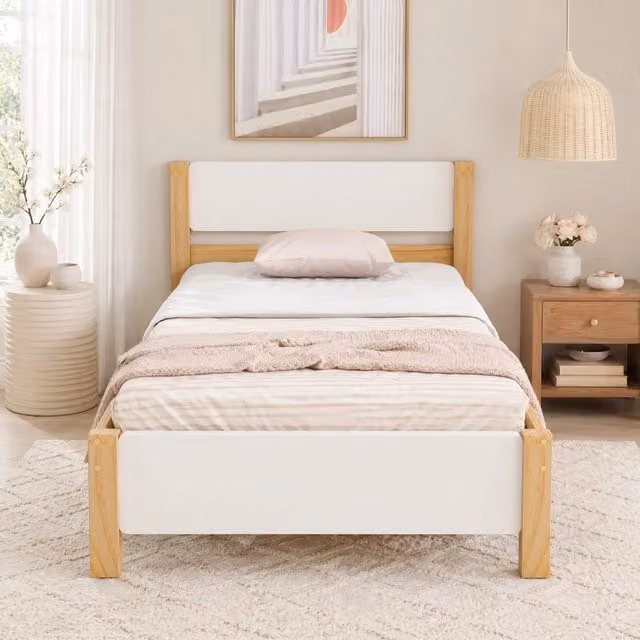 Letto singolo con rete a doghe 90 × 200 cm in legno e MDF bianco e naturale con testiera e pediera