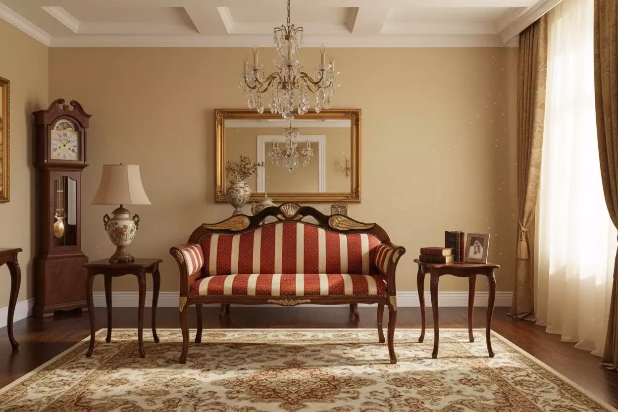 Divanetto imbottito in legno di faggio con fregi oro e tessuto a righe rosso Mobili 2G L/P/H: 115 x 45 x 85 cm – 1