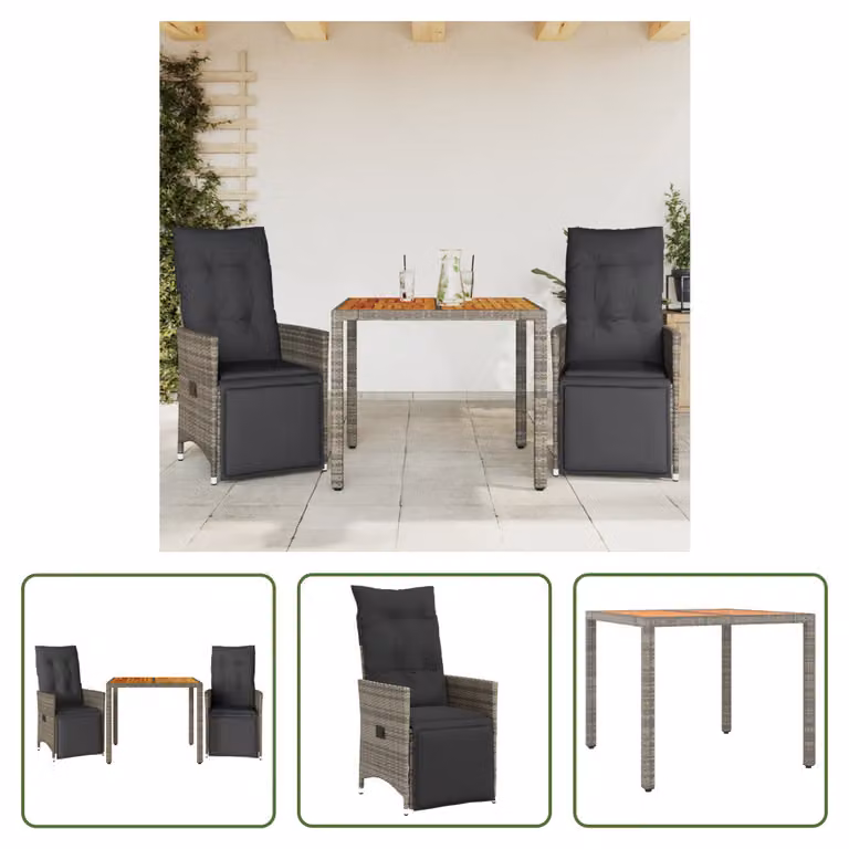 The Living Store Set da giardino bistrot 3 pezzi con cuscini in poly rattan grigio