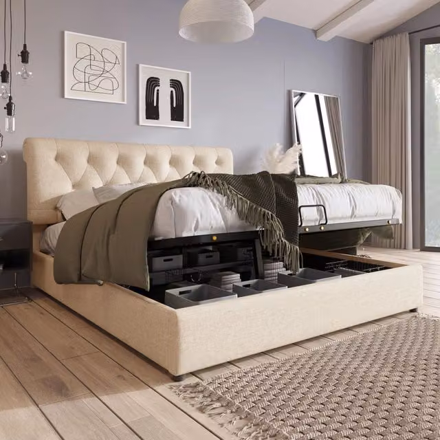 Letto Contenitore Imbottito 160x200 ¨C MINIMAL ¨C Testiera Regolabile, Rete a Doghe, Metallo
