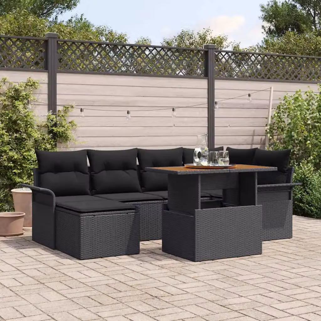 Set Divano da Giardino a L vidaXL in Polyrattan Nero con Cuscini e Tavolino da 7 Pezzi – 1