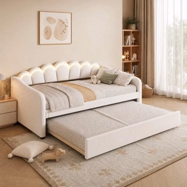 Letto da giorno ULEVR 90x200 cm con letto estraibile 90x190 cm e LED multicolore, velluto beige