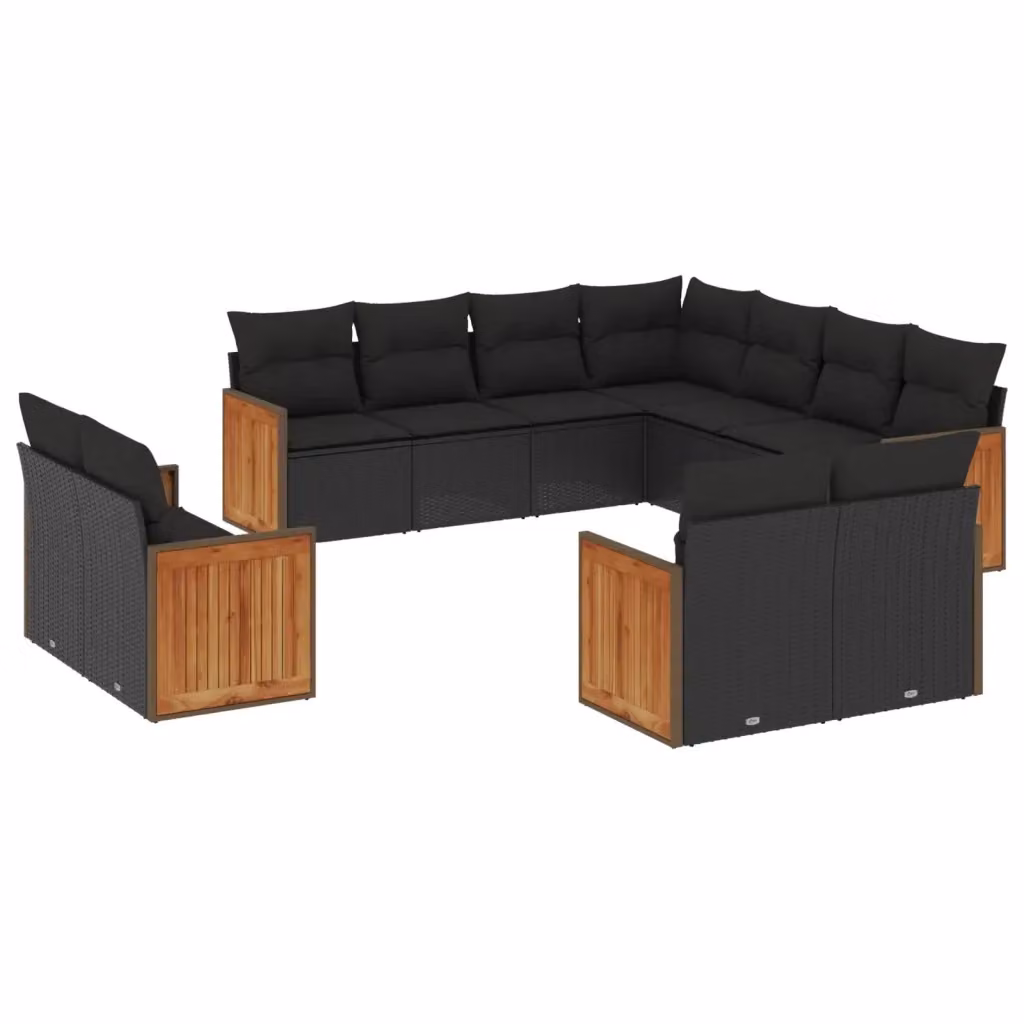 Set di Divani da Giardino vidaXL a Forma di U composto da 11 Pezzi con Cuscini in Polyrattan e Legno di Acacia Nero – 2