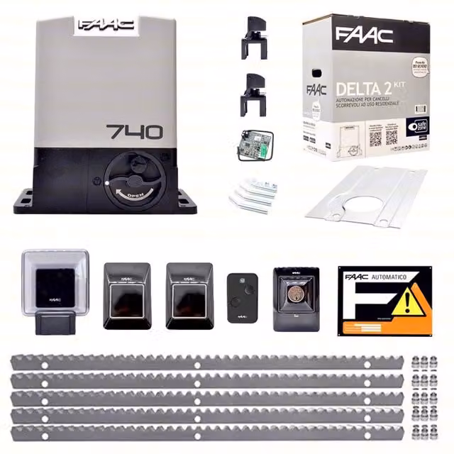 Kit Automazione per Cancello Scorrevolie FAAC Delta 2 740 con Cremagliera in Acciaio Zincato Grigio per 5 Metri