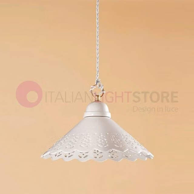 Lampada a sospensione Volterra di Ceramiche Borso in ceramica bianca e ottone con stile rustico e design a cono, diametro: 30 cm