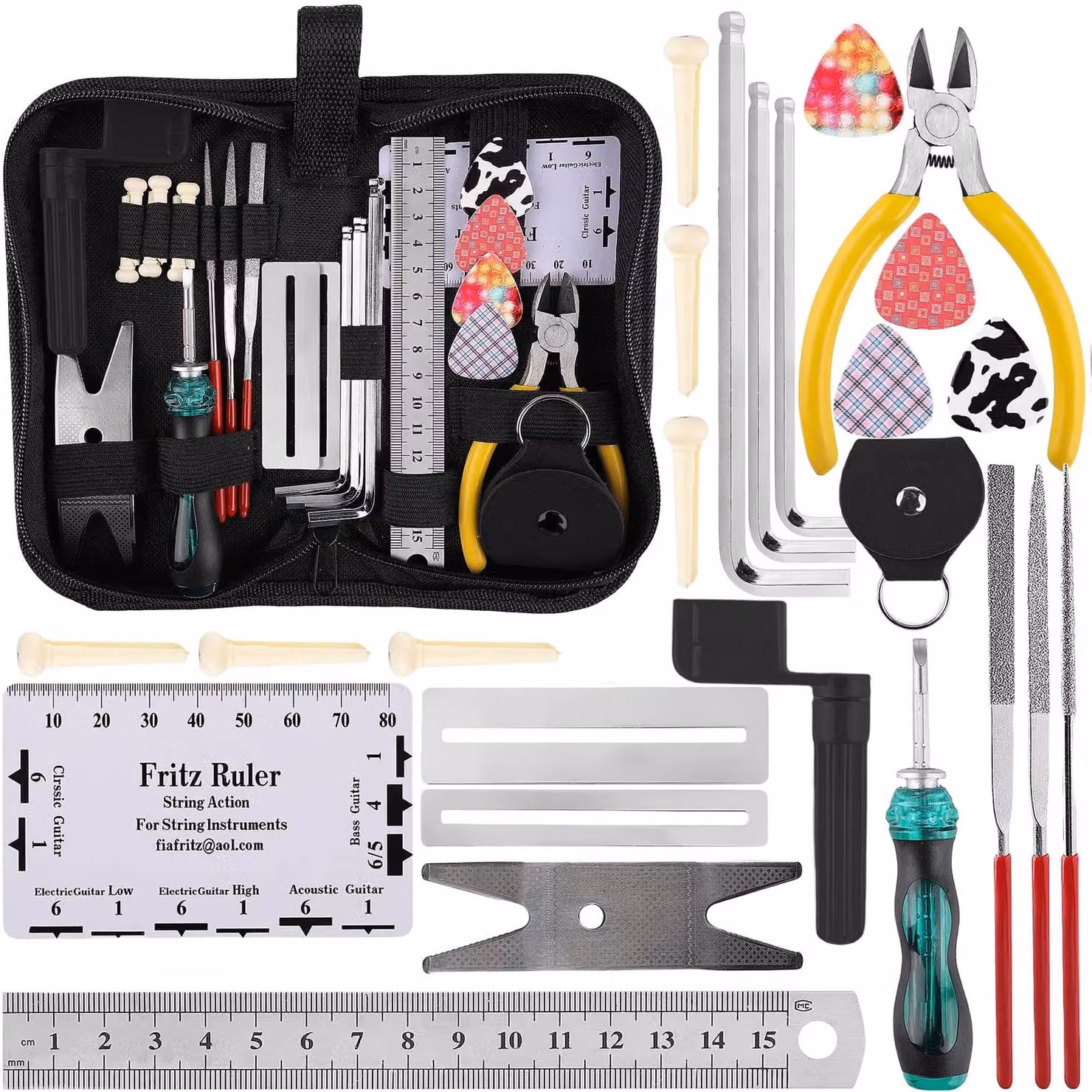 Kit di strumenti per chitarra, 26 pezzi - Set di manutenzione - Set di chiavi a Esagono - Organizzatore per corde - Acciaio inossidabile - Include custodia