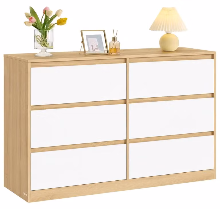 Comodino con 6 cassetti | Colore: giallo mandorla e bianco | Dimensioni: 119,4 x 40 x 75 cm