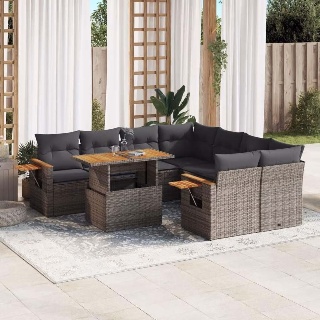 vidaXL Set Divano da Giardino a L 9 pz in Polyrattan Grigio con Cuscini e Tavolino – 1