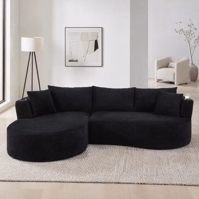 Divano angolare 264x168x76 cm nero con portabicchieri, tessuto a coste