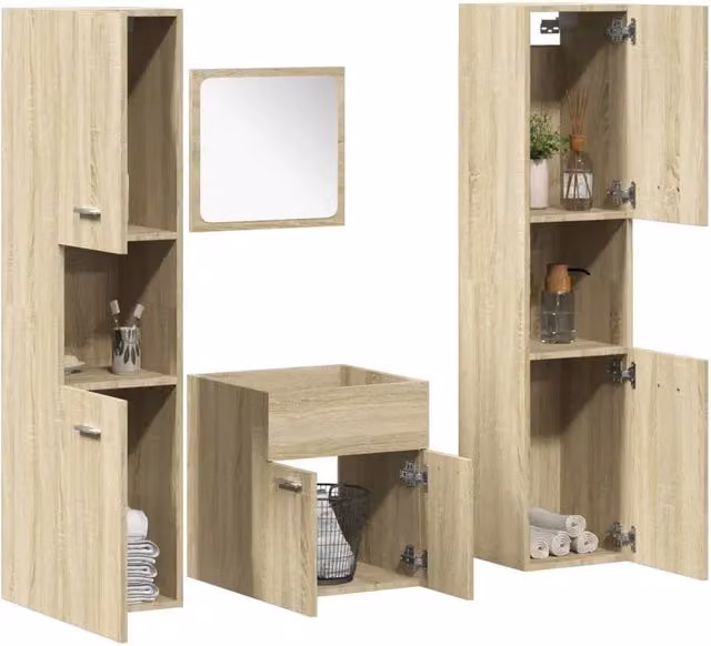 Set Mobili da Bagno Moderno vidaXL in Legno e Vetro, Colore Marrone e Beige, Composizione con Mobile Lavabo, Pensile e Colonna
