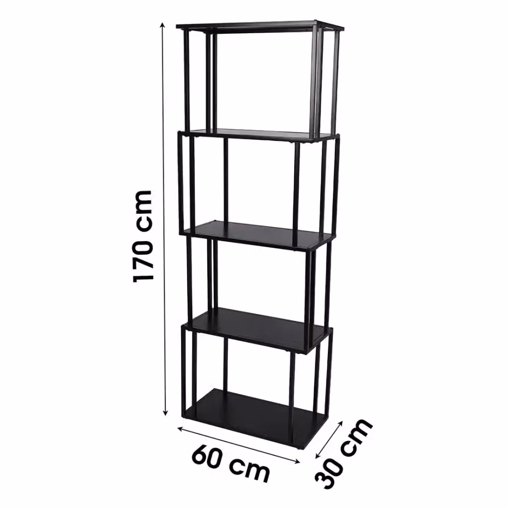 Biblioteca a 5 livelli collezione SOHO Meublorama, design moderno in metallo nero, H: 170 cm, L: 60 cm, P: 30 cm – 2