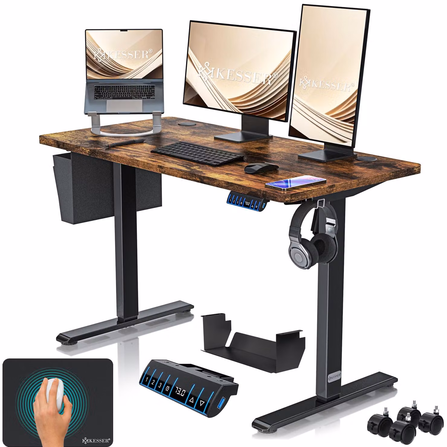 Scrivania regolabile in altezza KESSER®, elettrica, con memoria a 3 posizioni, inclusi rotelle e porta USB