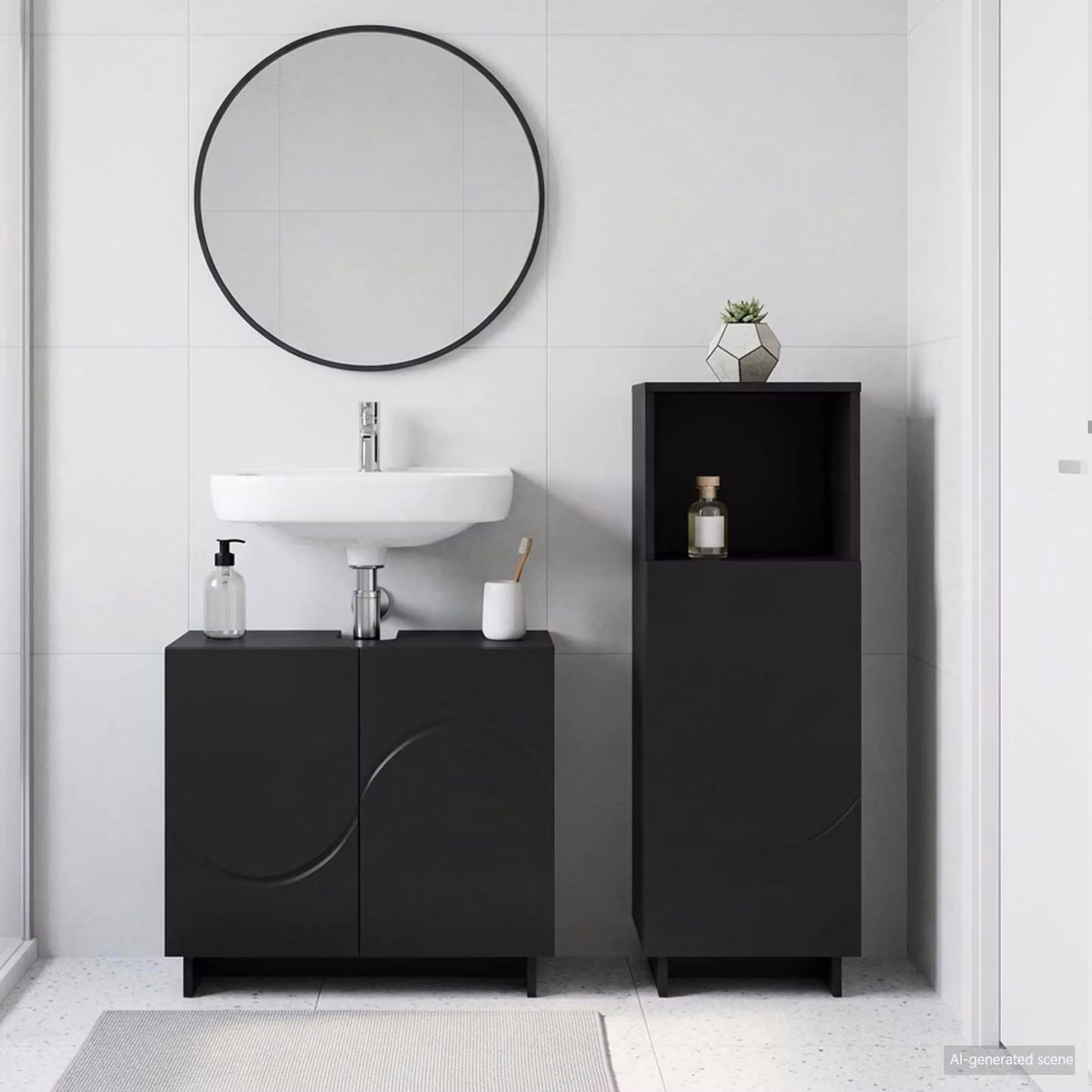 Set di mobili da bagno moderni vidaXL in 2 pezzi nero opaco con vanità e armadietto in legno MDF L/P/H: 60,0 x 41,0 x 58,0 cm