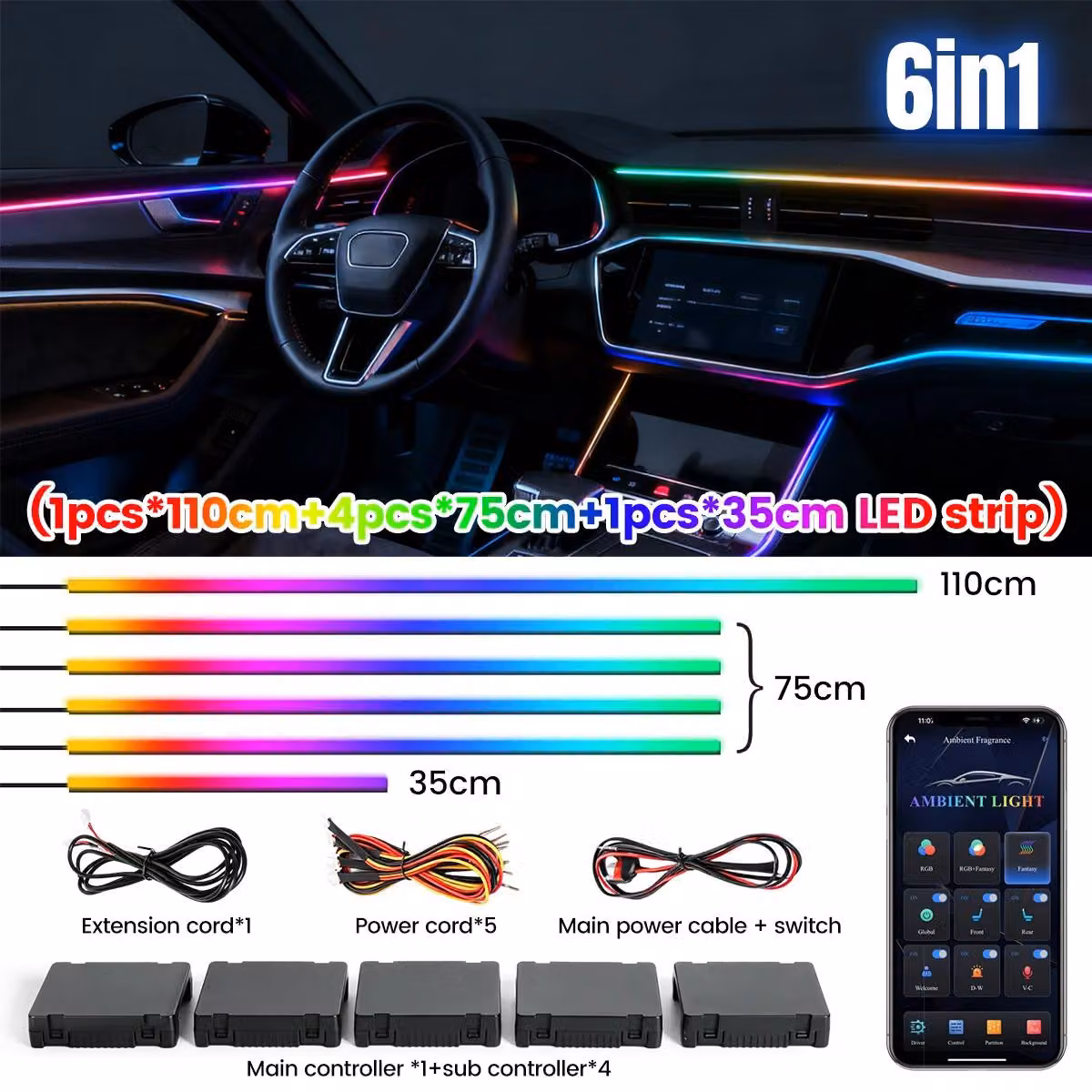 Striscia LED per l'illuminazione interna dell'auto, controllo RGB, funzione di sincronizzazione con la musica, 6 colori in 1, colore personalizzabile