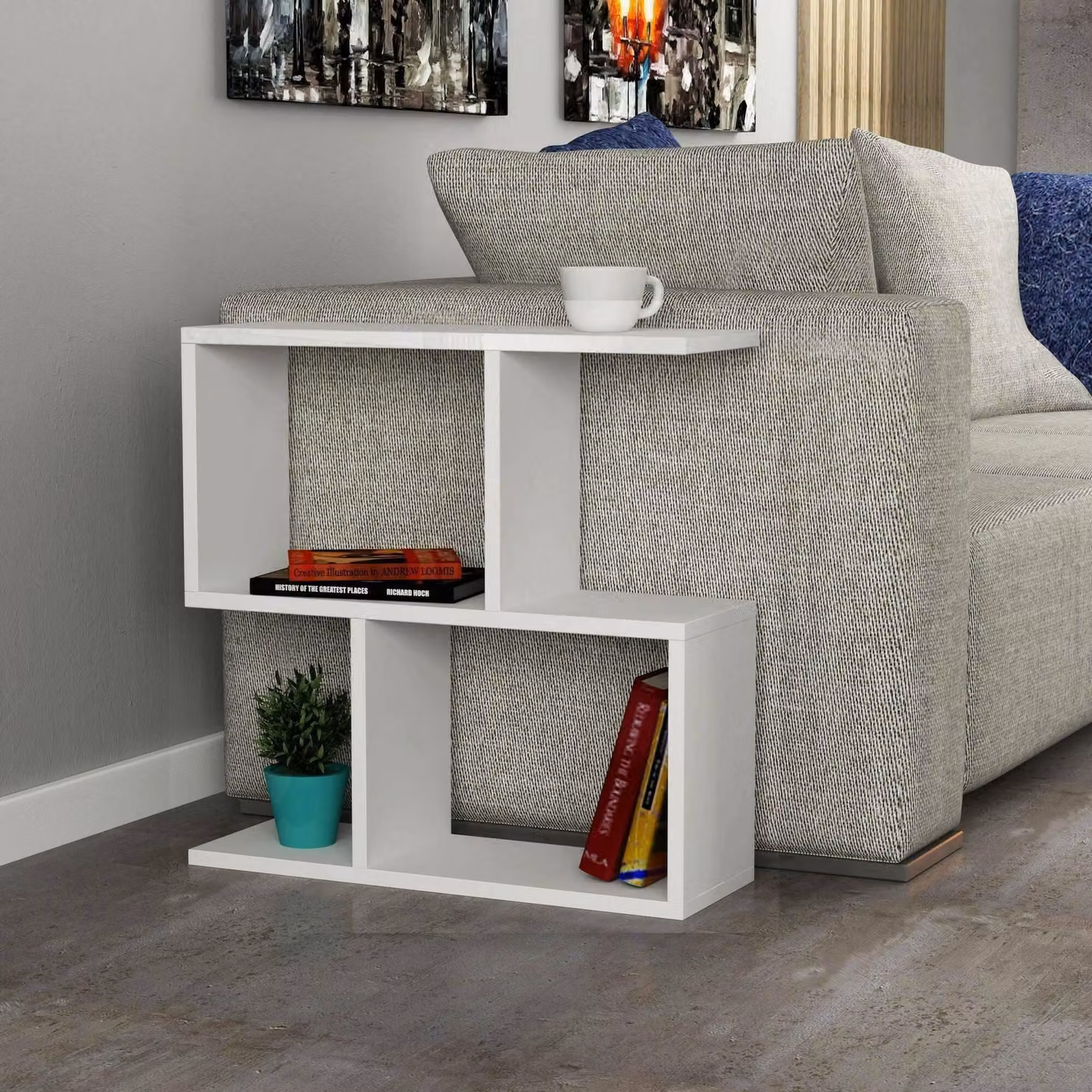 Dmora Tavolino da Salotto Fabrizia 20x60x60h cm Bianco, 2 Vani Portariviste, Multiuso