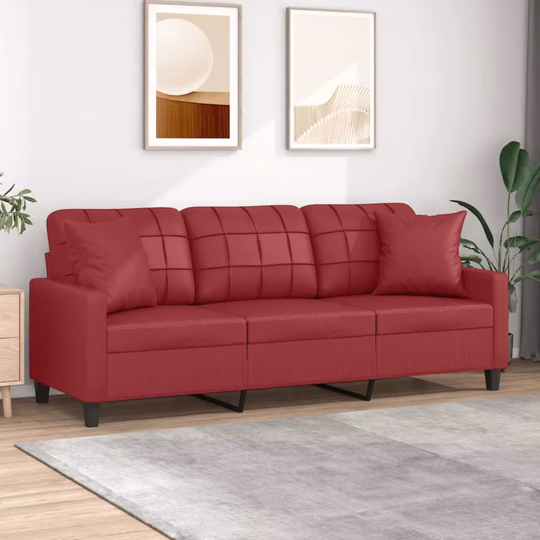 vidaXL Divano a 3 Posti Moderno in Similpelle Rosso con Cuscini, L: 198 cm, P: 80 cm, H: 77 cm
