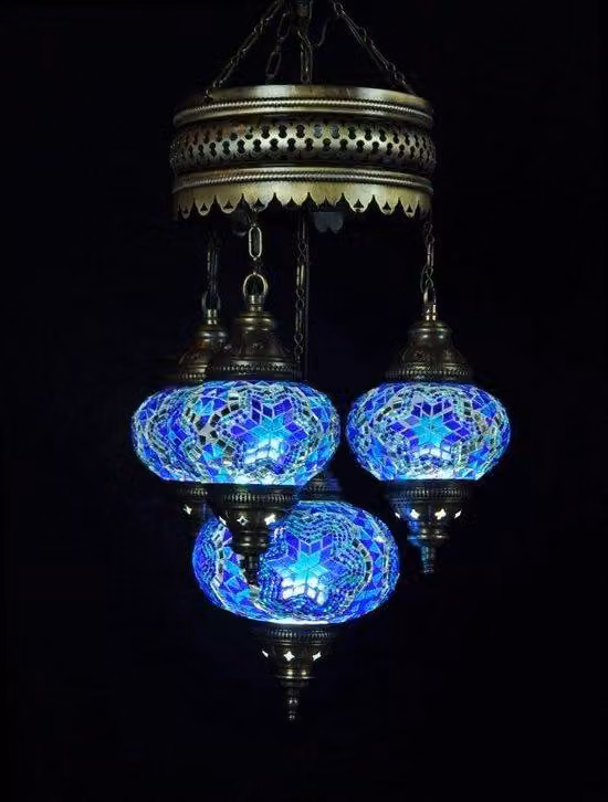 Lampada a sospensione turca in vetro mosaico a 4 sfere, blu – Lampadari orientali per un'illuminazione d'atmosfera