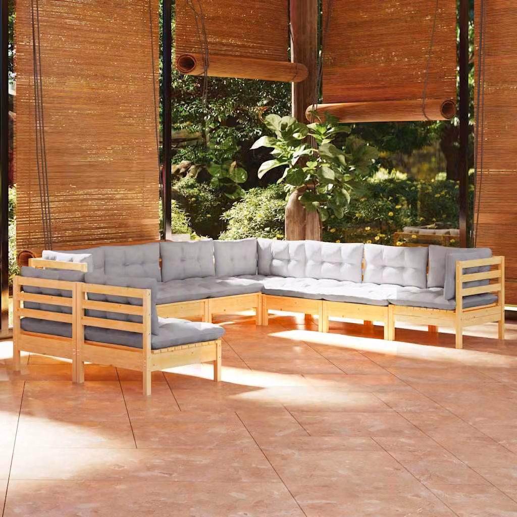 Set di divani da giardino vidaXL a forma di L in legno massello di pino con cuscini grigi 9 pz