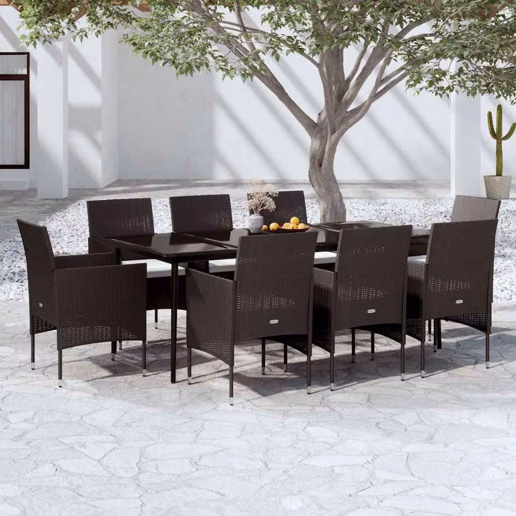 Set da pranzo da giardino vidaXL in polyrattan nero con cuscini e tavolo in vetro da 9 pezzi