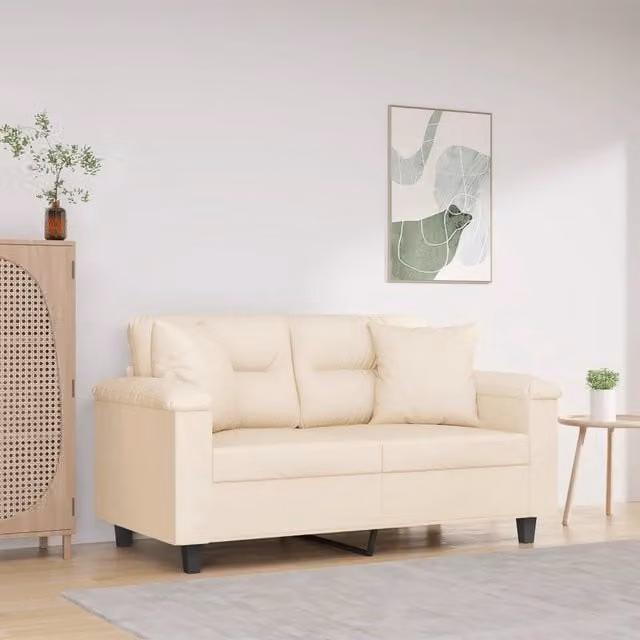 Divano a 2 posti moderno vidaXL in microfibra beige con cuscini e struttura in metallo L: 150 cm, P: 80 cm, H: 77 cm