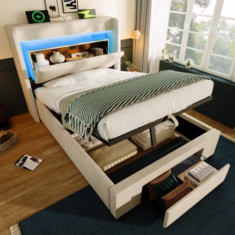 okwish Letto imbottito 90x200 Letto per ragazzi con illuminazione a LED, letto per bambini con prese elettriche e contenitore, letto contenitore con doghe in legno di lino, beige (senza materasso)