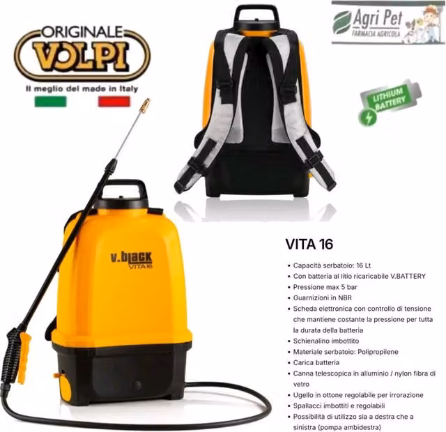 Pompa irroratrice a batteria al litio Volpi, capacità 16 lt, colore nero, 14.4V
