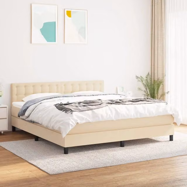 Letto Ibrido con Giroletto a Molle e Materasso vidaXL in Tessuto Beige e Bianco L: 180 cm, P: 200 cm, H: 203 cm