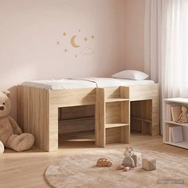 Letto singolo alto per bambini vidaXL in legno color rovere con scomparti laterali L: 160 cm, P: 80 cm, H: 120 cm