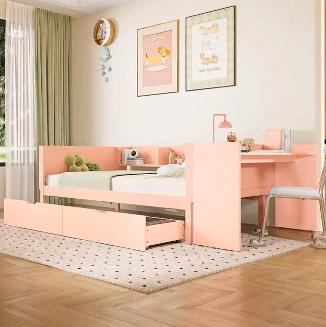 Letto 90x200 cm con scrivania; 2 cassetti e ripiani in pino e truciolare bianco/rosa