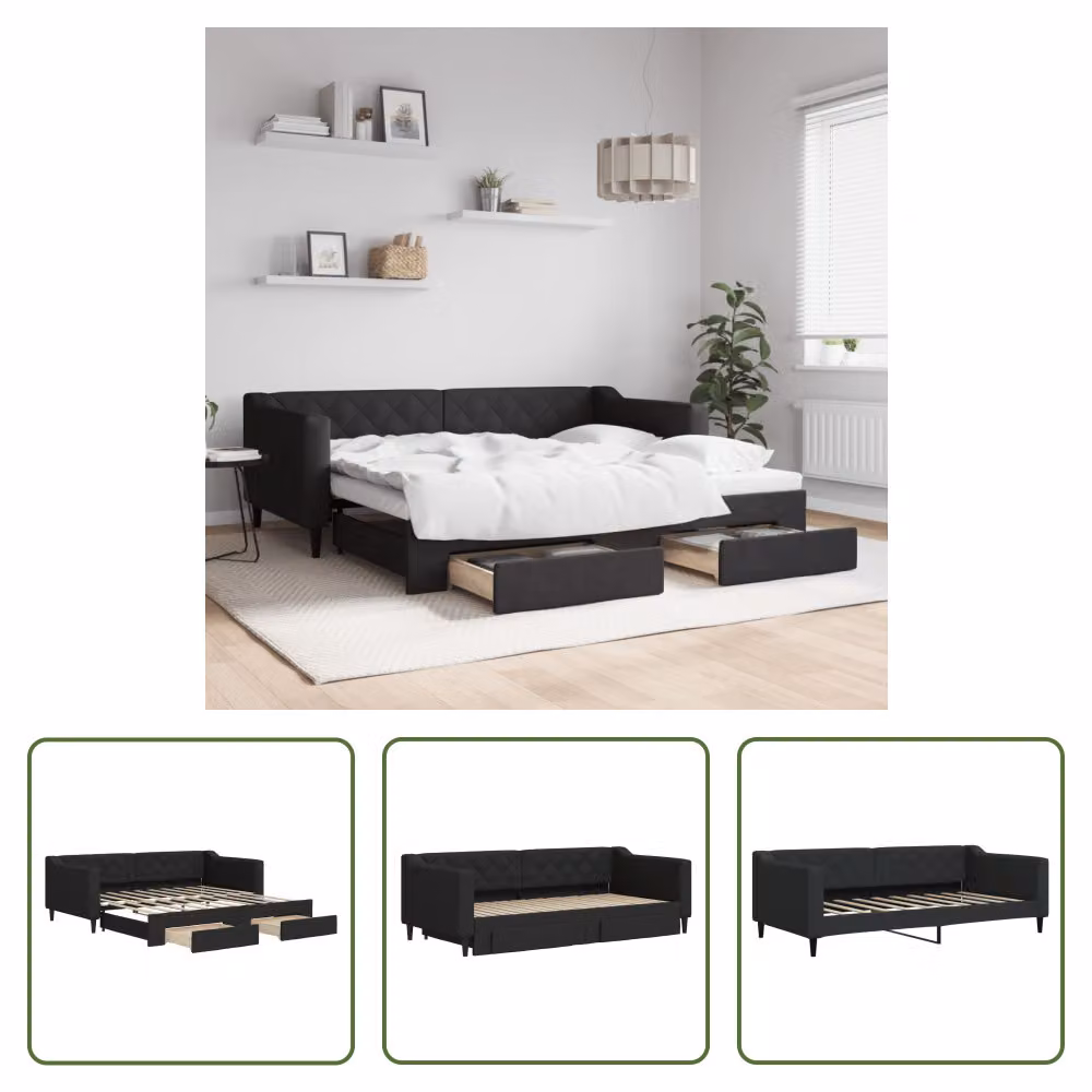 The Living Store Letto allungabile con cassetti nero 90x190 cm tessuto