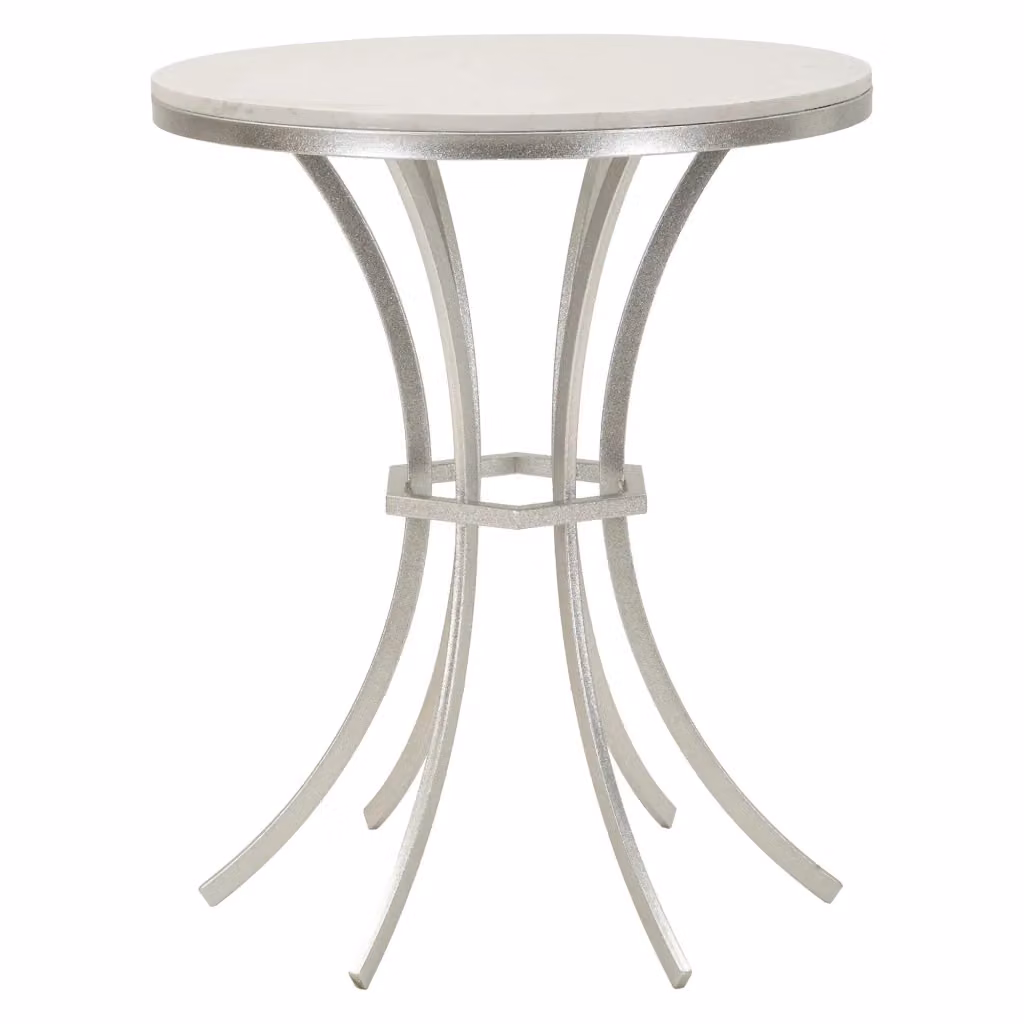 Tavolino da salotto Faka con ripiano rotondo effetto marmo bianco e struttura argento, L/P/H: 56 x 56 x 68 cm – 2