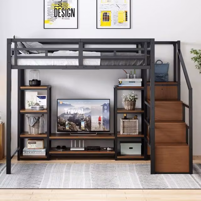 Letto a soppalco 140 × 200 cm con vano per televisore, presa integrata e scala portaoggetti, senza materasso, nero