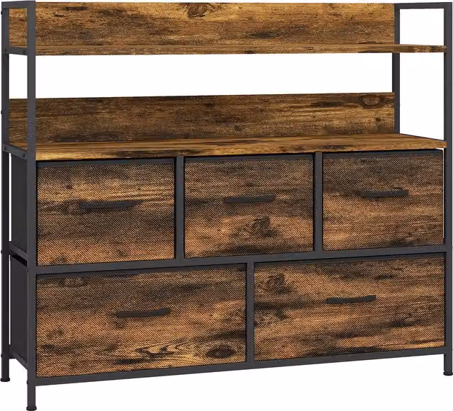 Cassettiera HOMCOM con 5 cassetti rimovibili e ripiani, design industriale e rustico effetto legno, Marrone, L: 98 cm, P: 29 cm, H: 85 cm