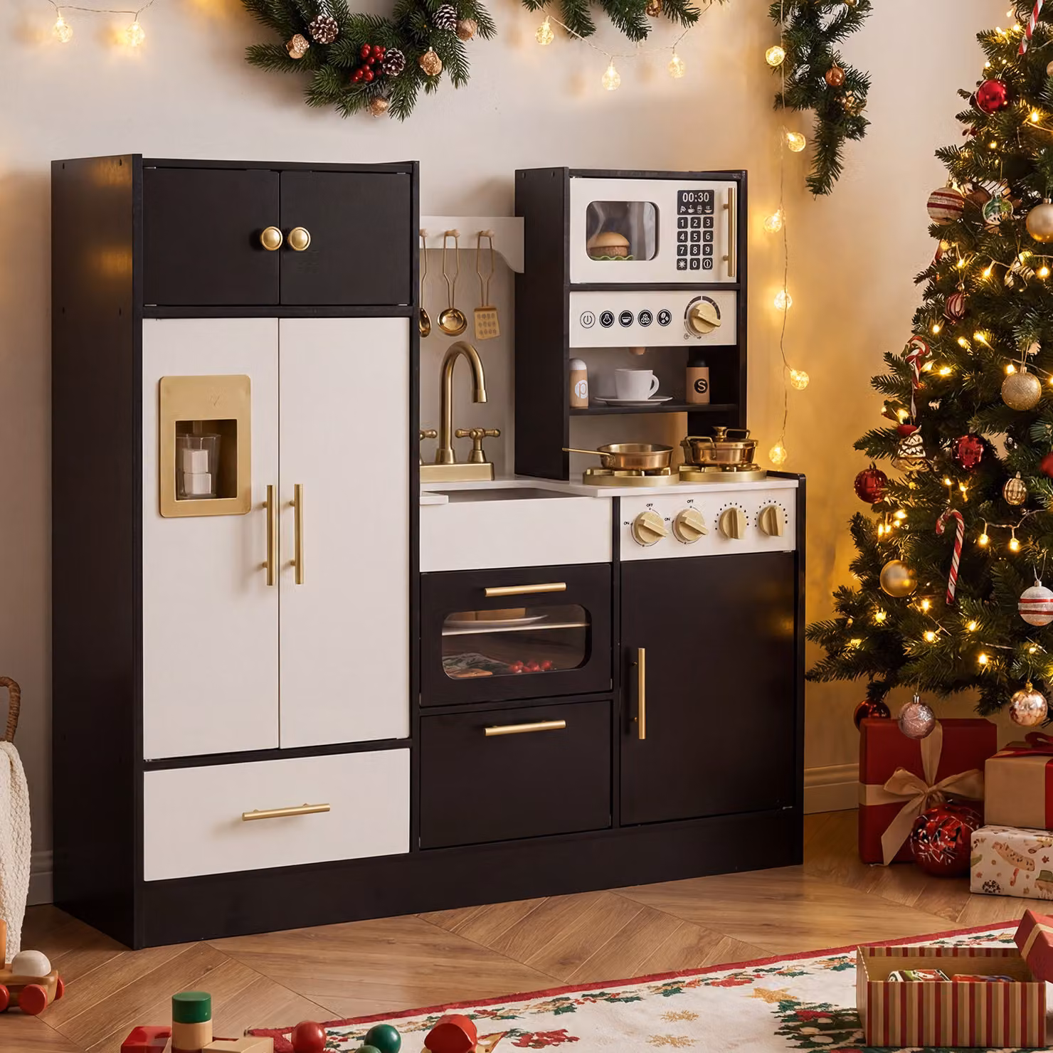 Cucina giocattolo in legno Costway per bambini con effetti sonori e luci, colore nero