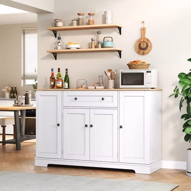 Credenza da cucina Mivray moderna con cassetto e vano a doppia anta con ripiani regolabili in MDF bianco e beige, Larghezza: 138 cm