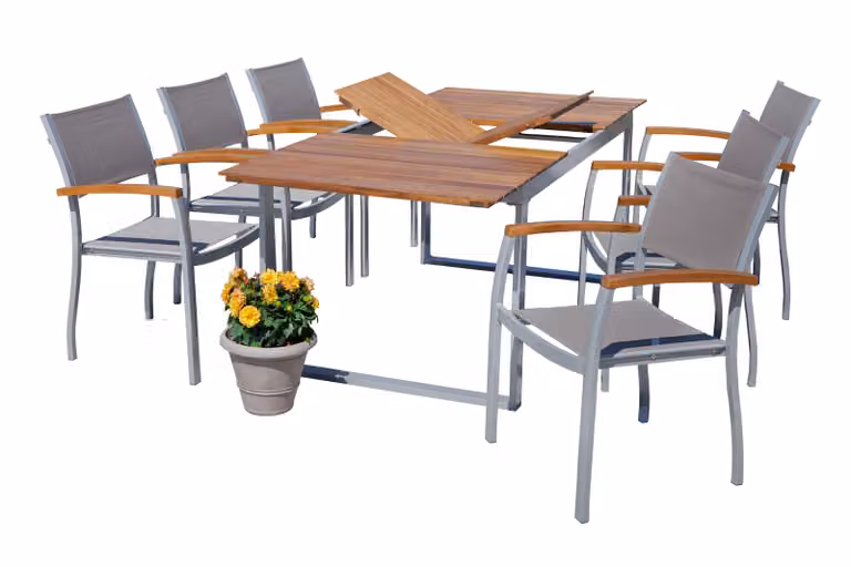 Set di mobili da giardino Merxx Naxos 7 pezzi, 6 sedie impilabili, 1 tavolo allungabile 150 (200) x 90 cm - alluminio/tessuto/acacia