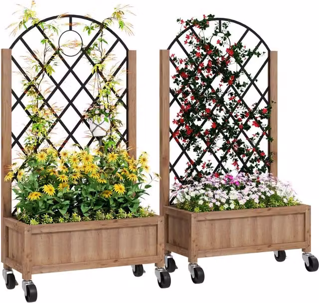 Set di 2 Fioriere con Ruote e Graticcio XYLO in Legno Marrone L 52 cm, P 25 cm, H 97 cm
