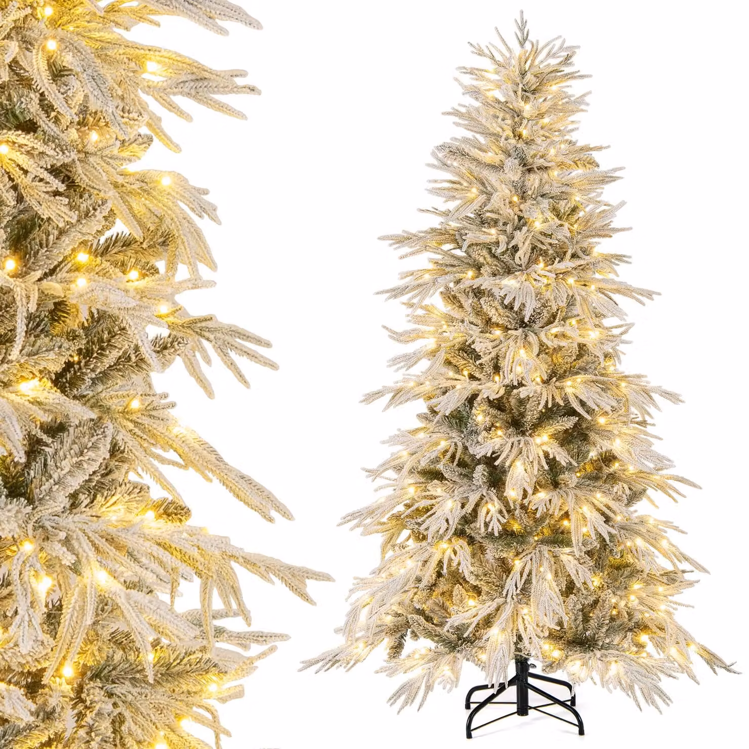 COSTWAY Albero di Natale artificiale da 180 cm con neve, 250 LED bianchi caldi e 594 punte di rami, albero di Natale, albero di Natale, albero di Natale artificiale