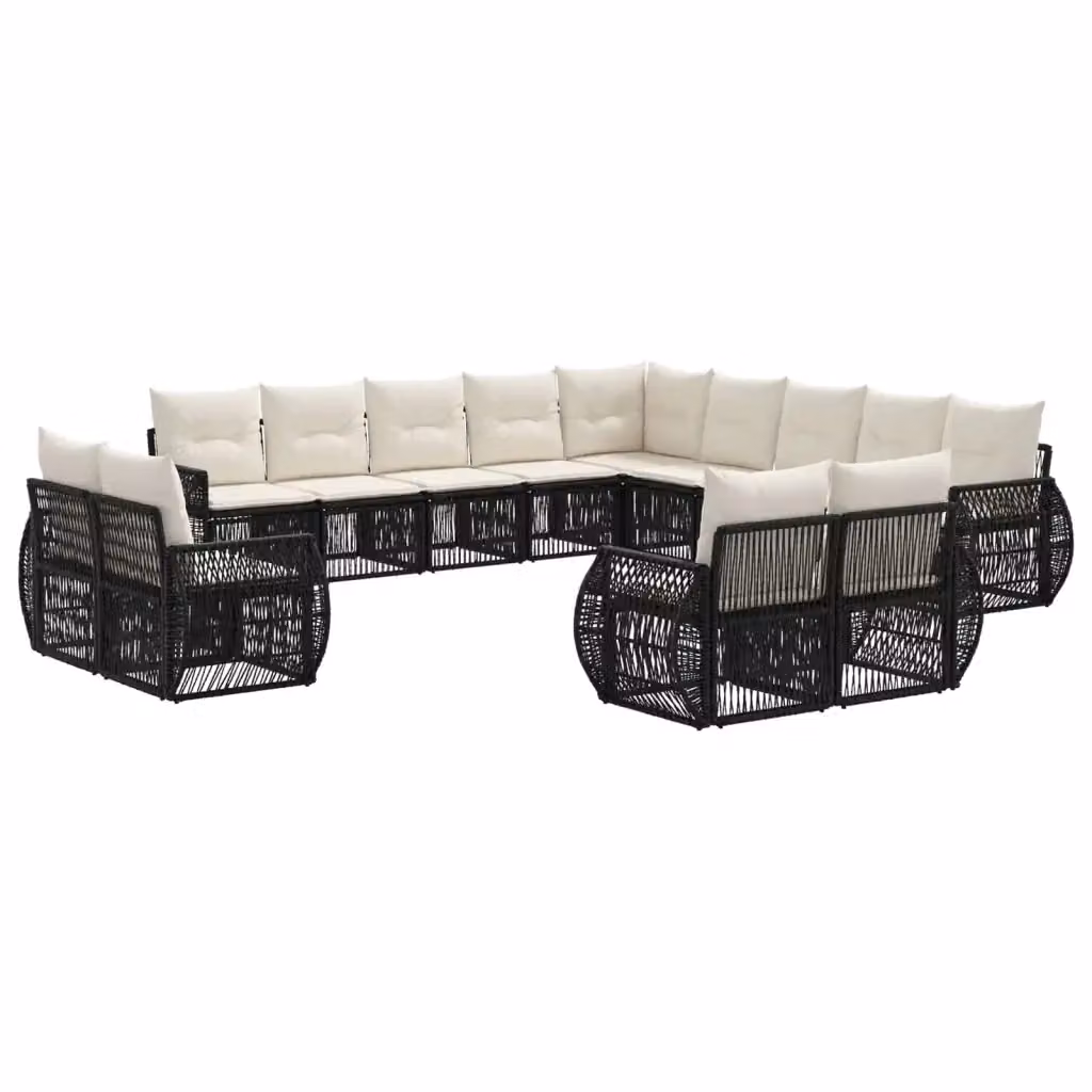 Set Divano da Giardino a Forma a U vidaXL in Polyrattan con Cuscini, 13 Pezzi, Nero e Bianco – 2